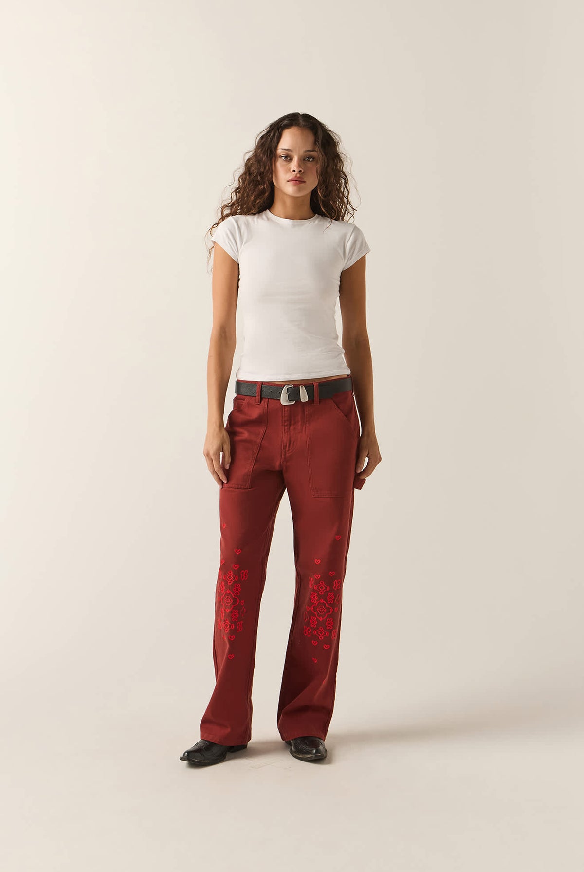 Women's Essex Embroidered Painter Pant in the color Dark Brick - Additional Fit image