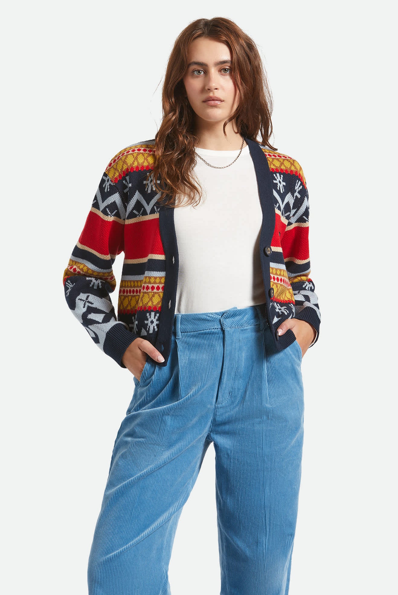 Women's Winter Racing Cardigan in the color Multi Racing Stripe - Women's Front View