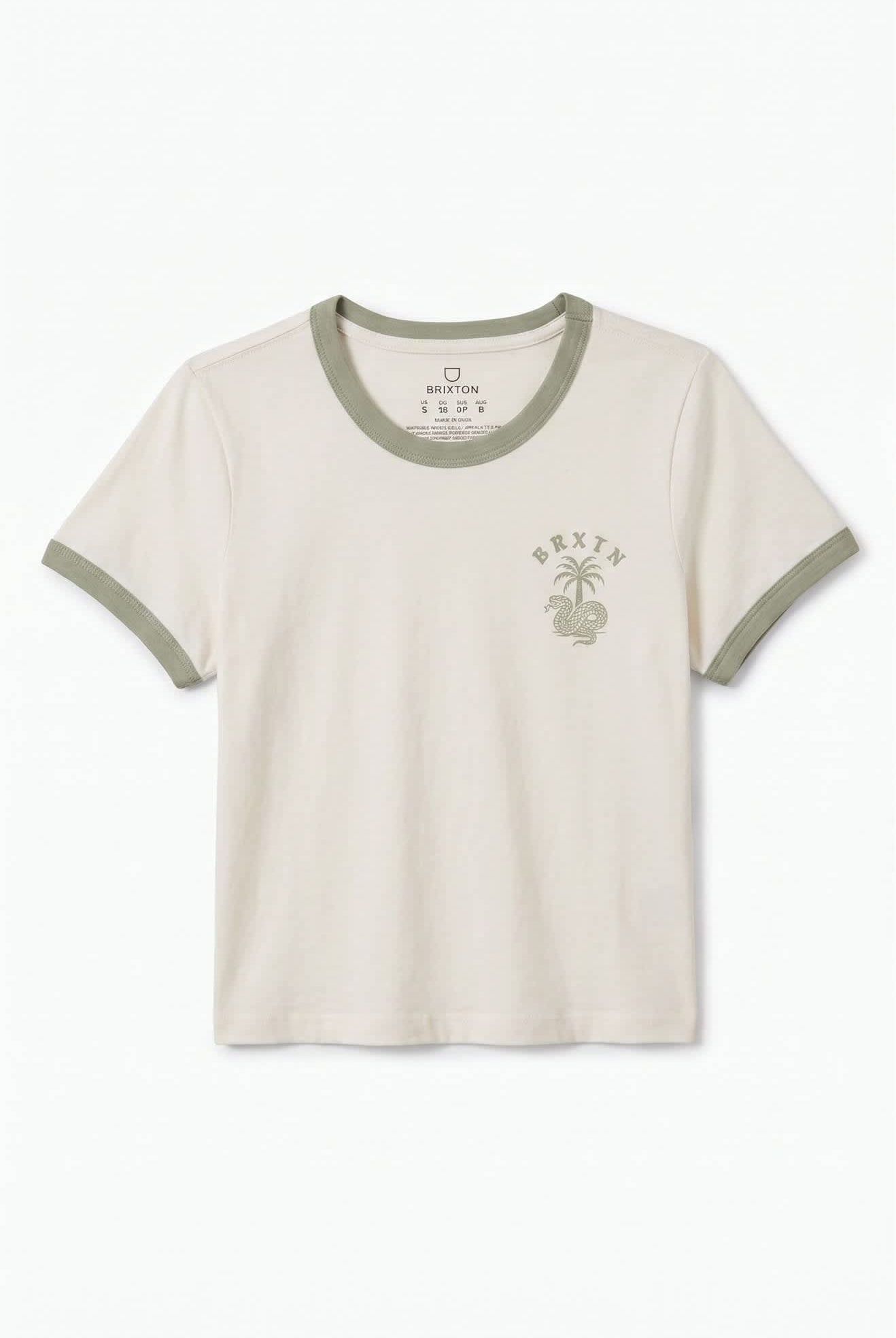 Women's Serpent Baby T-Shirt in the color White/Desert Sage - Front Product View