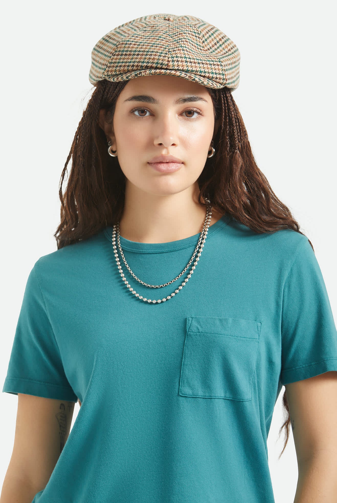 Unisex Brood Newsboy Cap in the color Dusted Ochre/Khaki/Verdant Green - Women's Front View