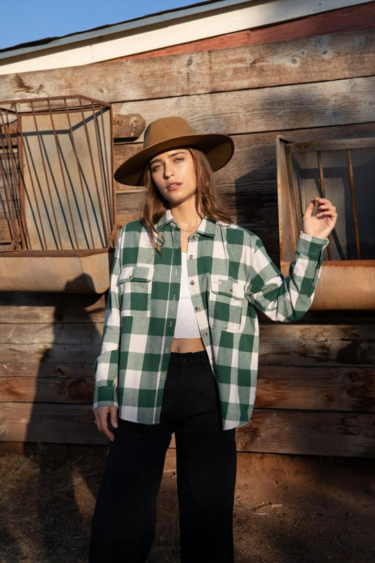 
       Brixton Bowery Boyfriend L/S Flannel - Pine Needle/Beige
     