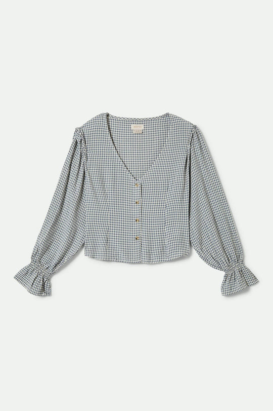 
       Women&#39;s The Meadow Blouse in the color Azure Blue Gingham - Front Product View
     