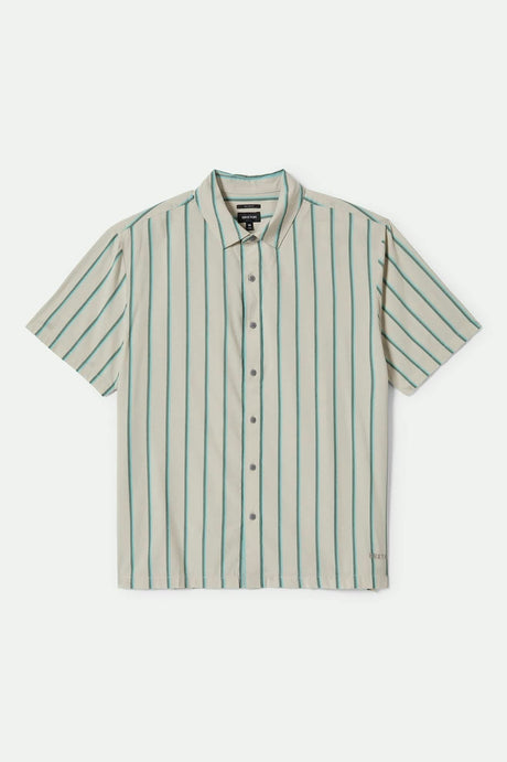 Men's CRU Stripe Relaxed S/S Shirt in the color Beige/Pine Needle/Aquatic Green - Front Product View