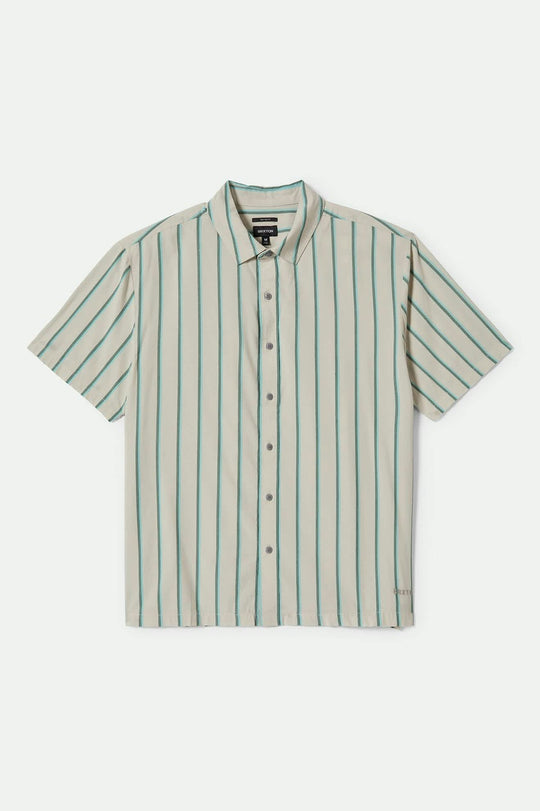 
       Men&#39;s CRU Stripe Relaxed S/S Shirt in the color Beige/Pine Needle/Aquatic Green - Front Product View
     