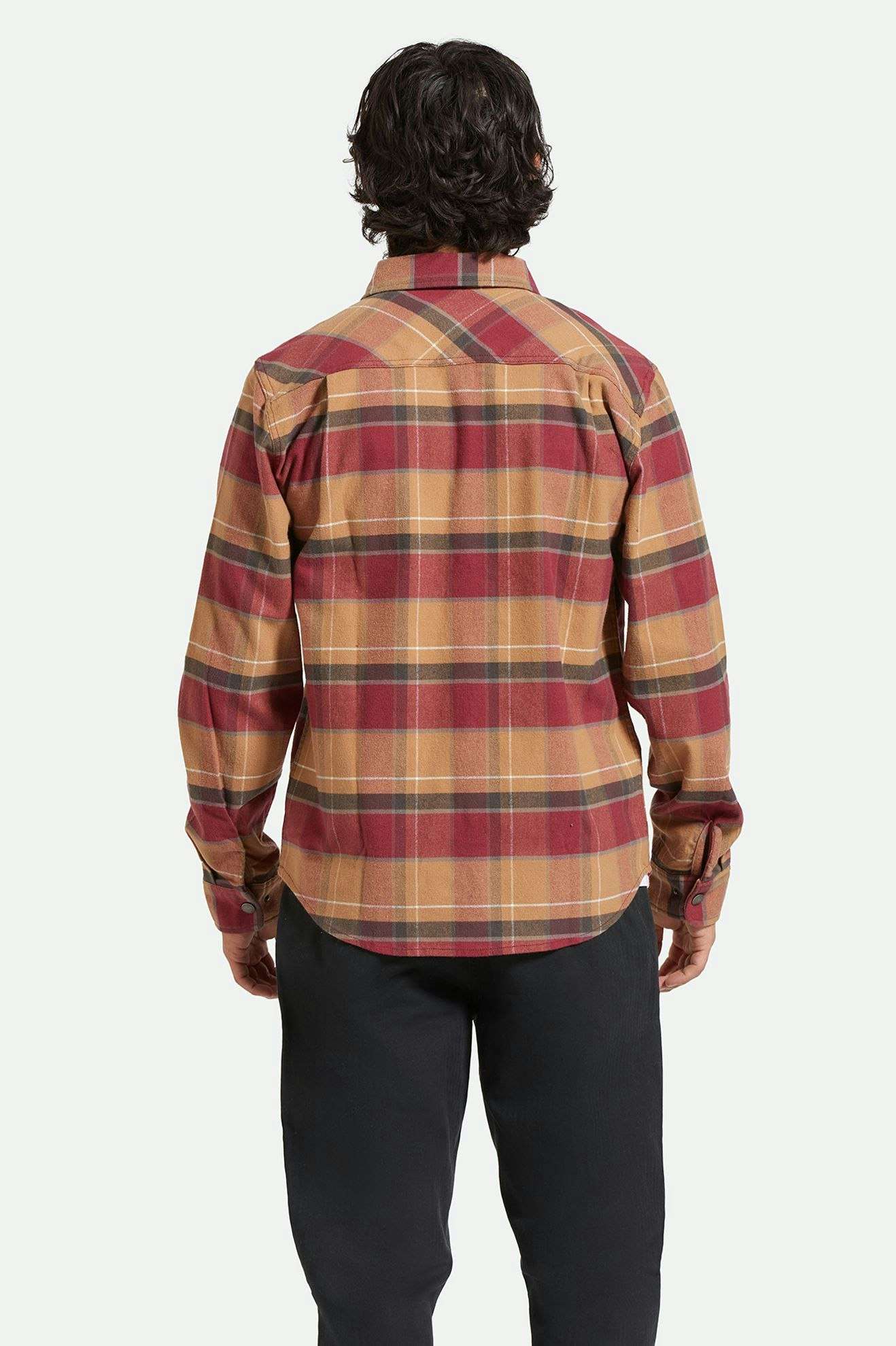 
       Men&#39;s Back Fit Image | Builders Bowery Stretch Water Resistant L/S Flannel - Woodsmoke/Cordovan Red/Washed Black
     