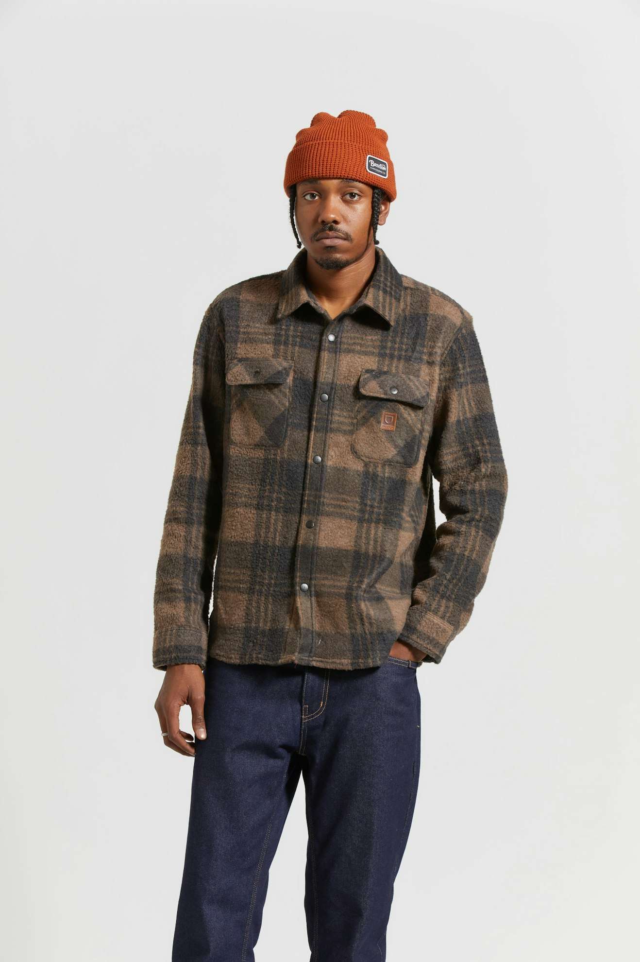 
       Men&#39;s Fit, front | Bowery Arctic Stretch L/S Fleece - Burro Brown/Black Plaid
     