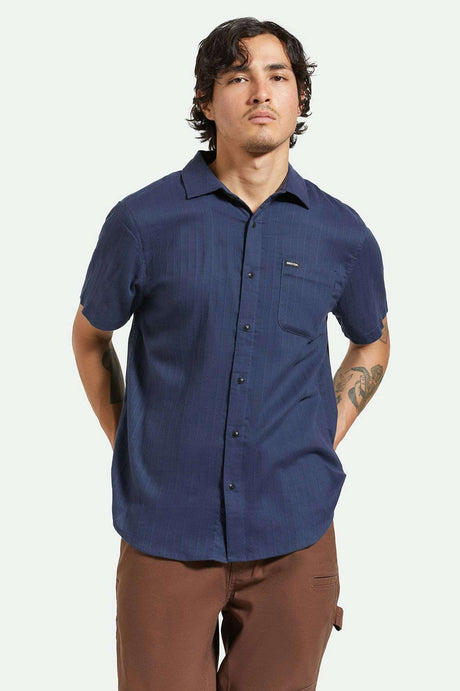 
       Men&#39;s Front Fit | Charter Stripe S/S Woven Shirt - Washed Navy/Black
     