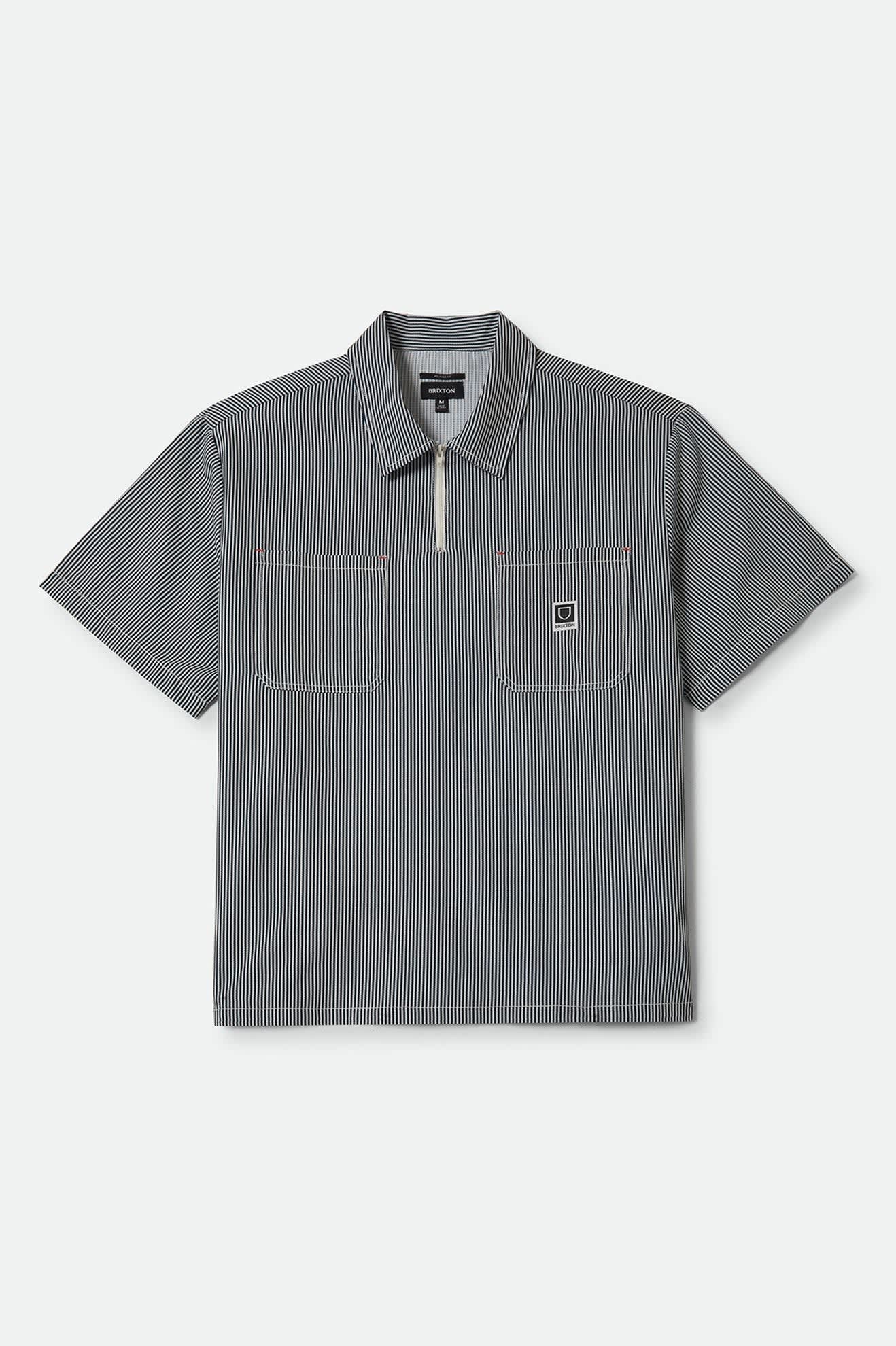 Men's Journey Lightweight 1/2 Zip Cropped Short Sleeve Shirt in the color Navy/White Stripe - Front Product View