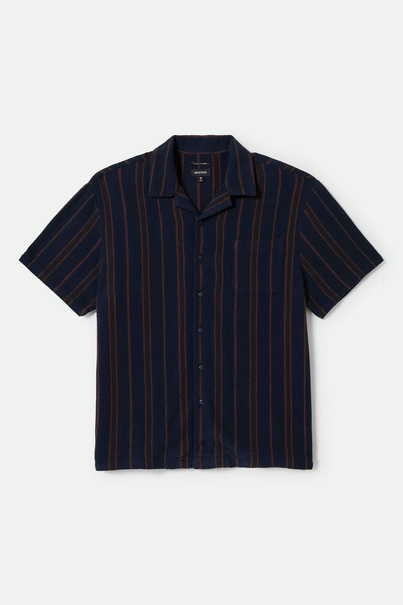 
       Men&#39;s Bunker Waffle Stripe S/S Camp Collar Shirt in the color Washed Navy Stripe - Front Product View
     