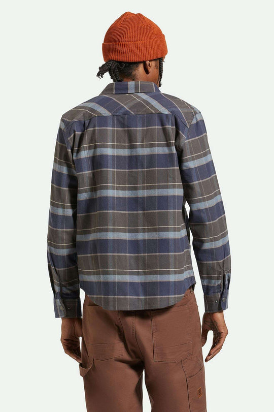 
       Men&#39;s Back Fit Image | Builders Bowery Stretch Water Resistant L/S Flannel - Washed Navy/Black/Coronet Blue
     