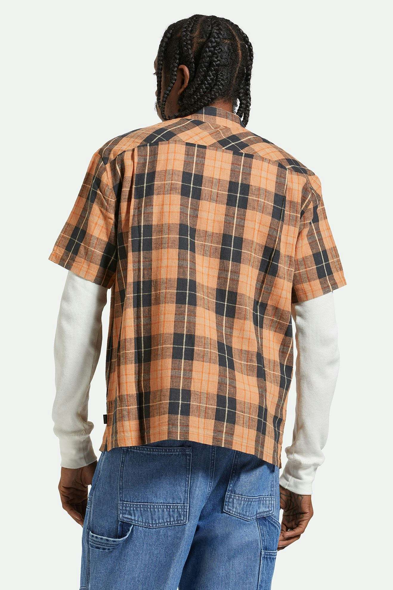 
       Back Fit Image | Cru Linen Blend Relaxed S/S Woven Shirt - Black/Rust Orange
     