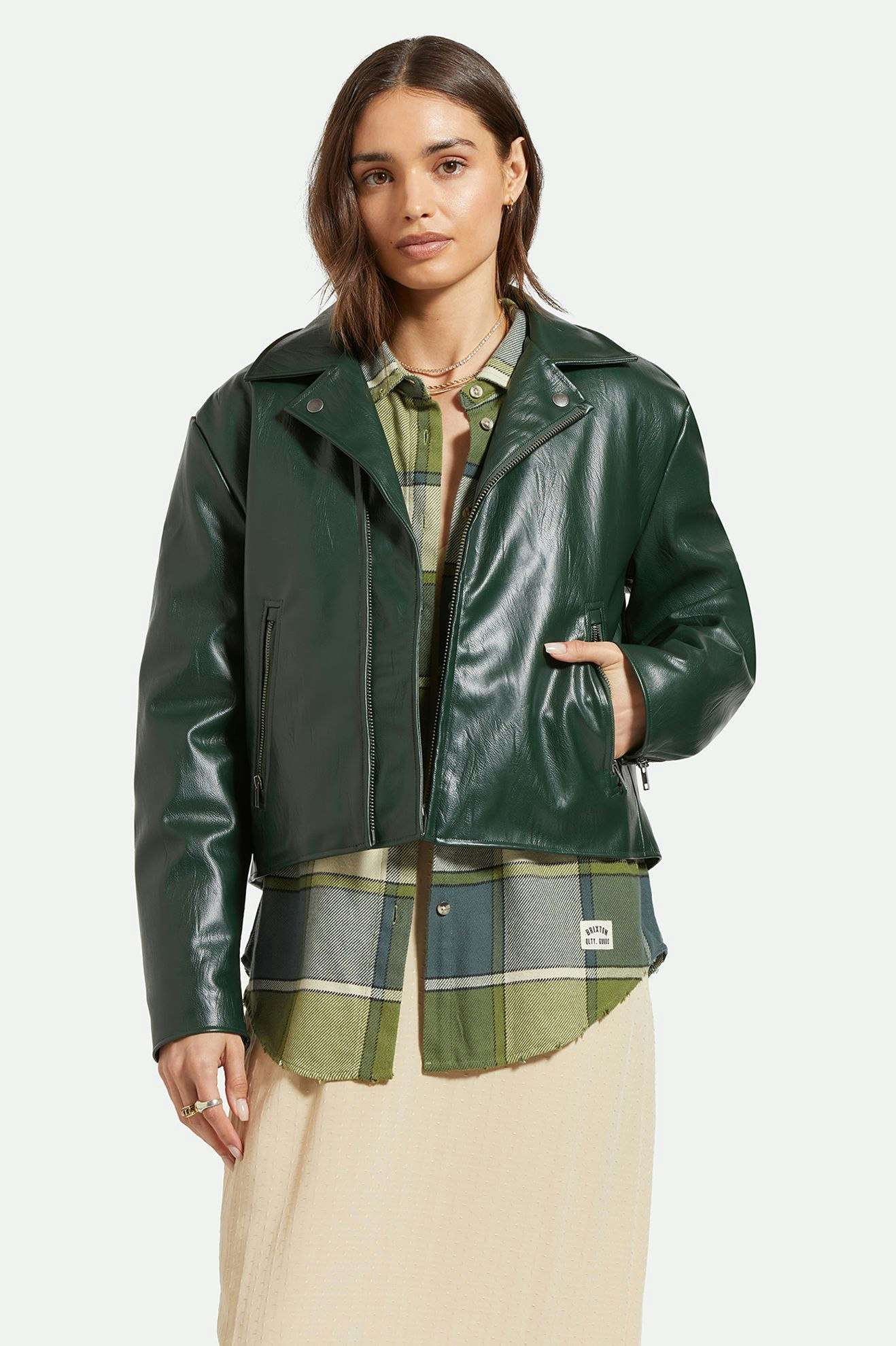 
       Women&#39;s Front fit | The Moto Vegan Leather Jacket - Pine Needle
     