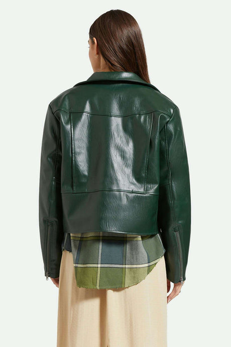 
       Women&#39;s Back Fit Image | The Moto Vegan Leather Jacket - Pine Needle
     