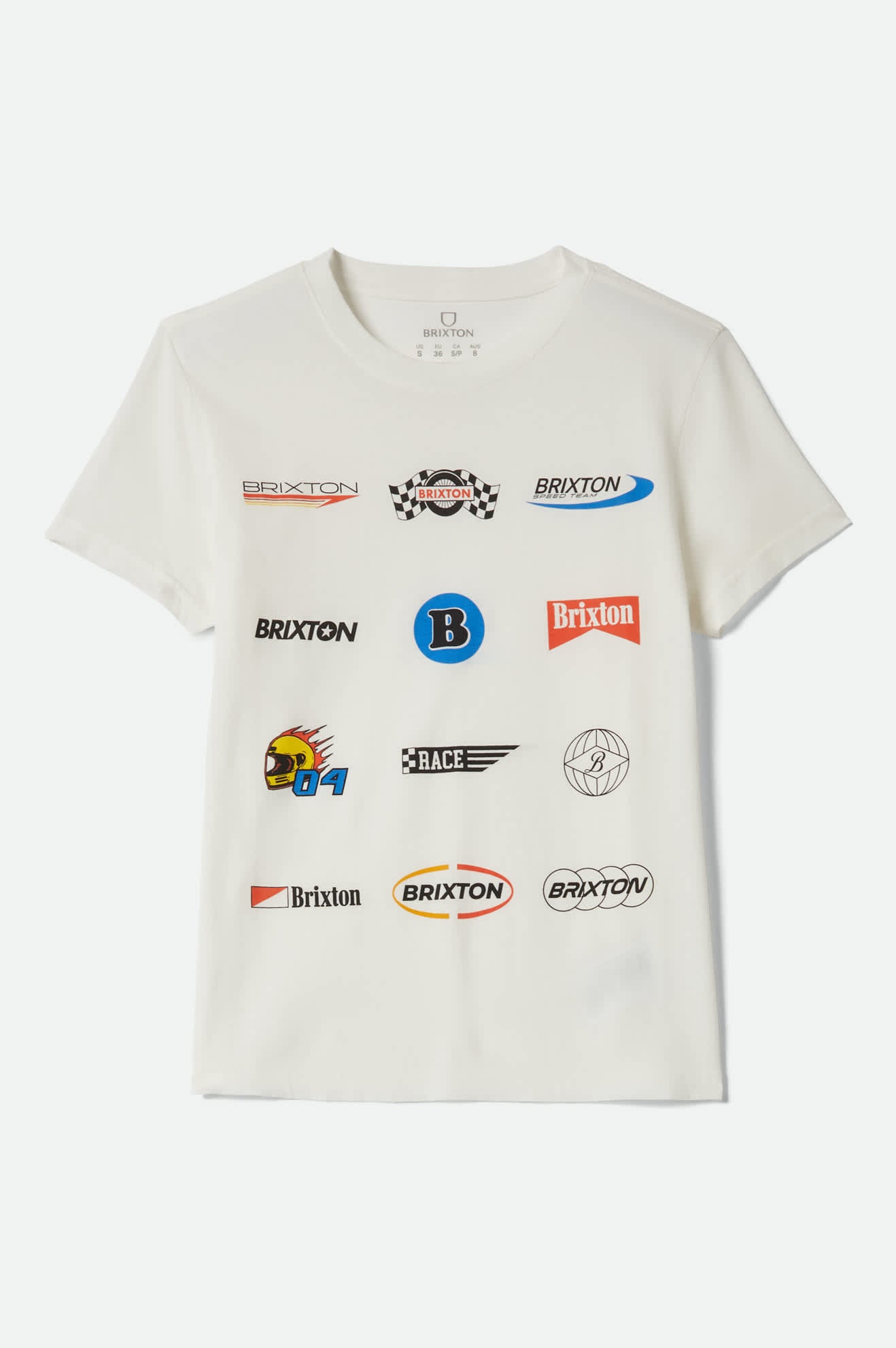 Women's Racing Patches Crew T-Shirt in the color Off White - Front Product View