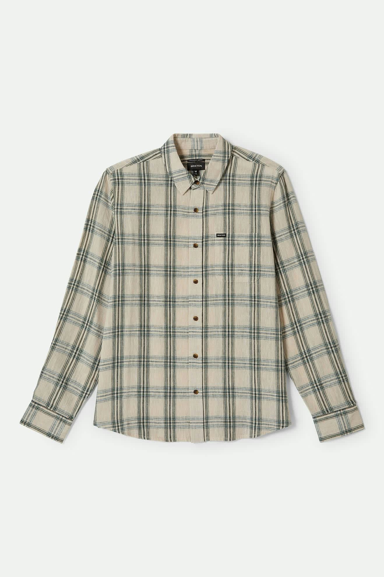 
       Men&#39;s Charter Linen Blend S/S Shirt in the color Off White/Ivy Green Plaid - Front Product View
     