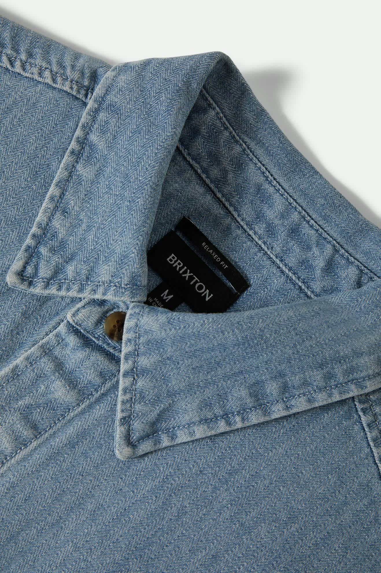 Men's Herringbone Relaxed L/S Overshirt in the color Light Wash Denim Herringbone - Additional Laydown image