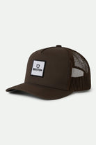 Unisex Alpha Block Netplus Trucker Hat in the color Brown/Brown - Front Product View