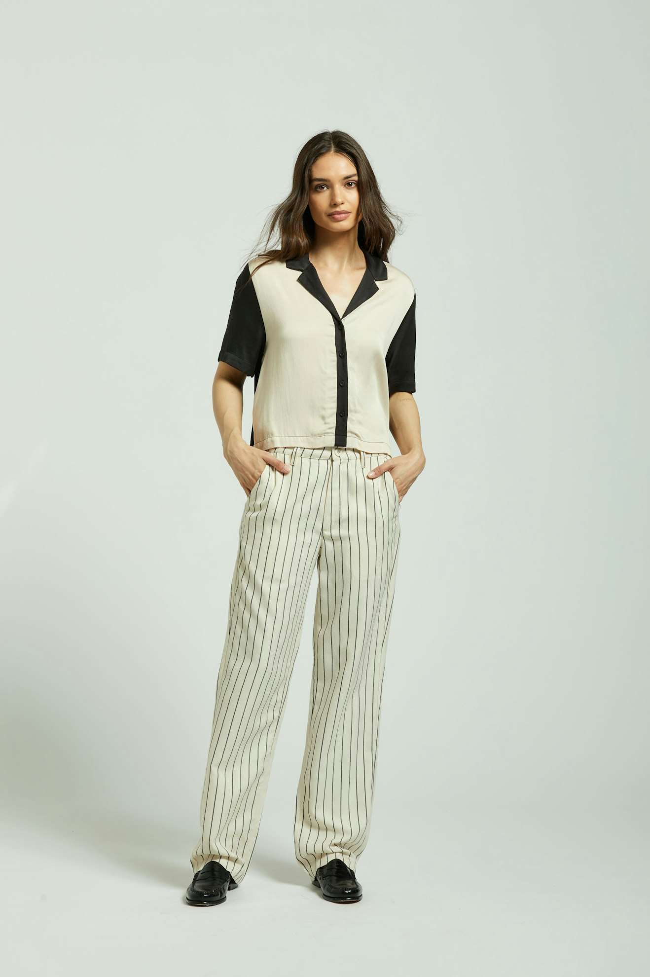 
       Brixton Women&#39;s Bedford Pant - Whitecap/Washed Black Pinstripe | Front fit
     