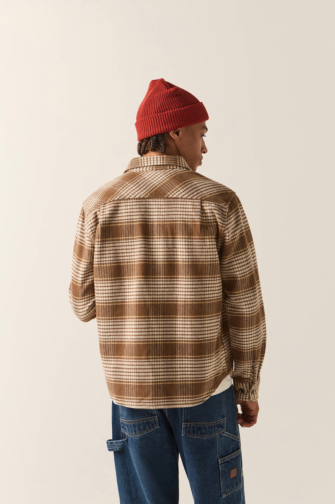 Men's Bowery Heavyweight Flannel in the color Pinecone Brown/Whitecap - Men's Back View