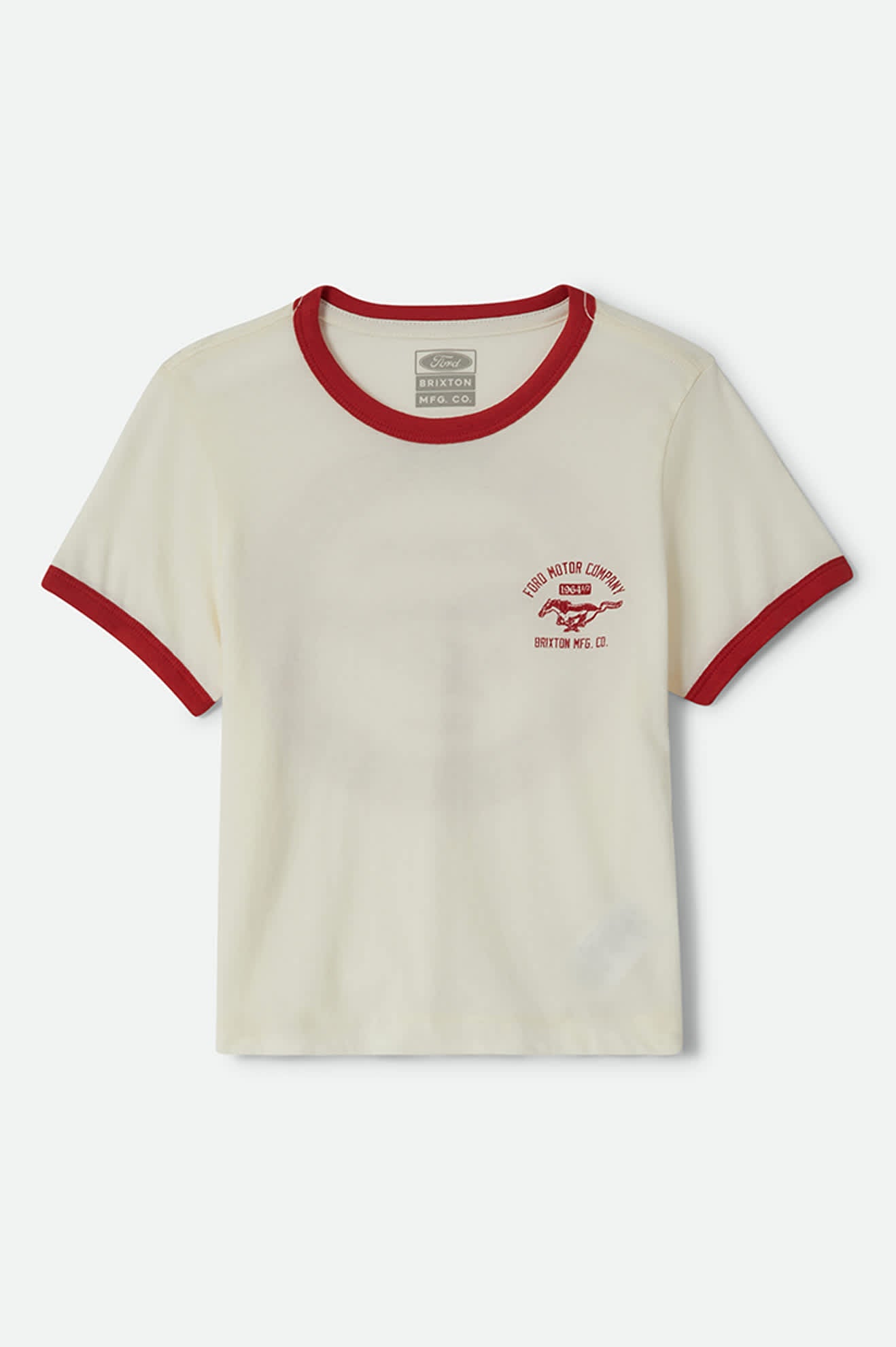 Women's Ford Mustang Baby Ringer T-Shirt in the color Wimbledon White - Front Product View