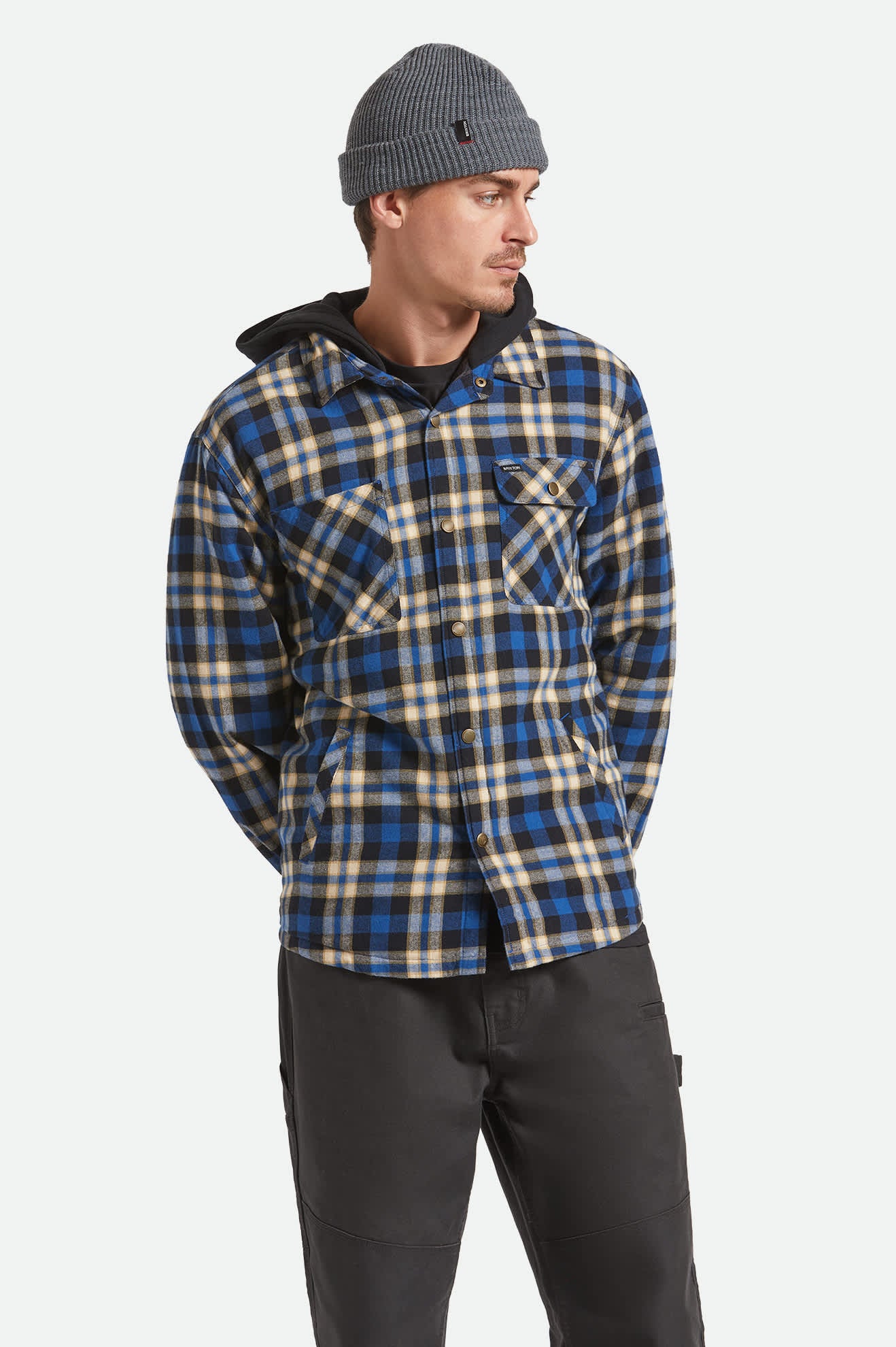 Men's Bowery Quilited Hooded Flannel in the color Navy/Cream - Men's Front View
