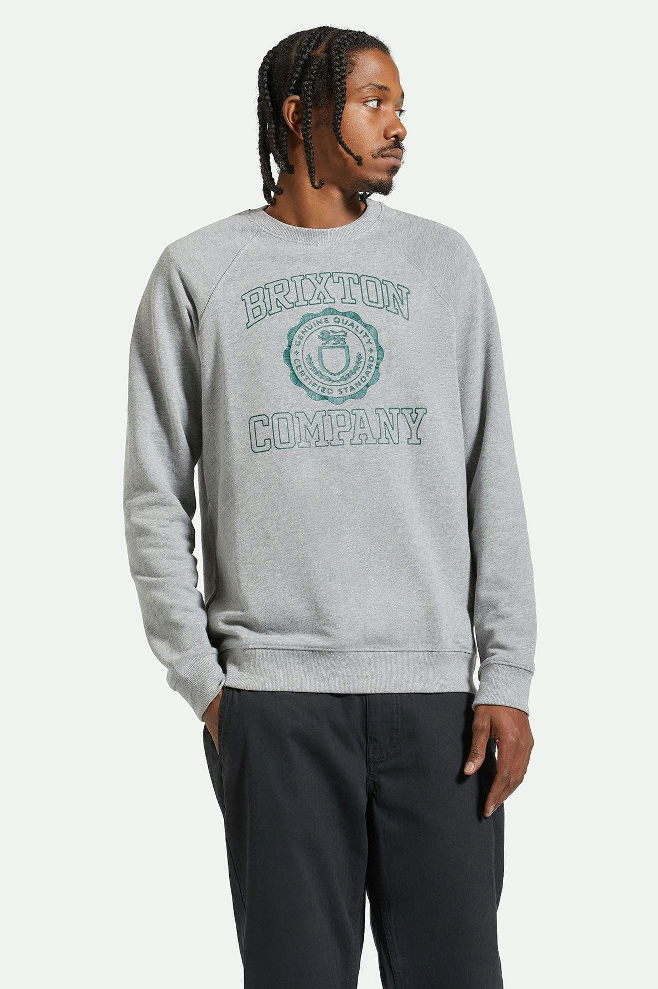 
       Men&#39;s Front Fit | University Broken In Crew - Heather Grey/Pine Needle
     