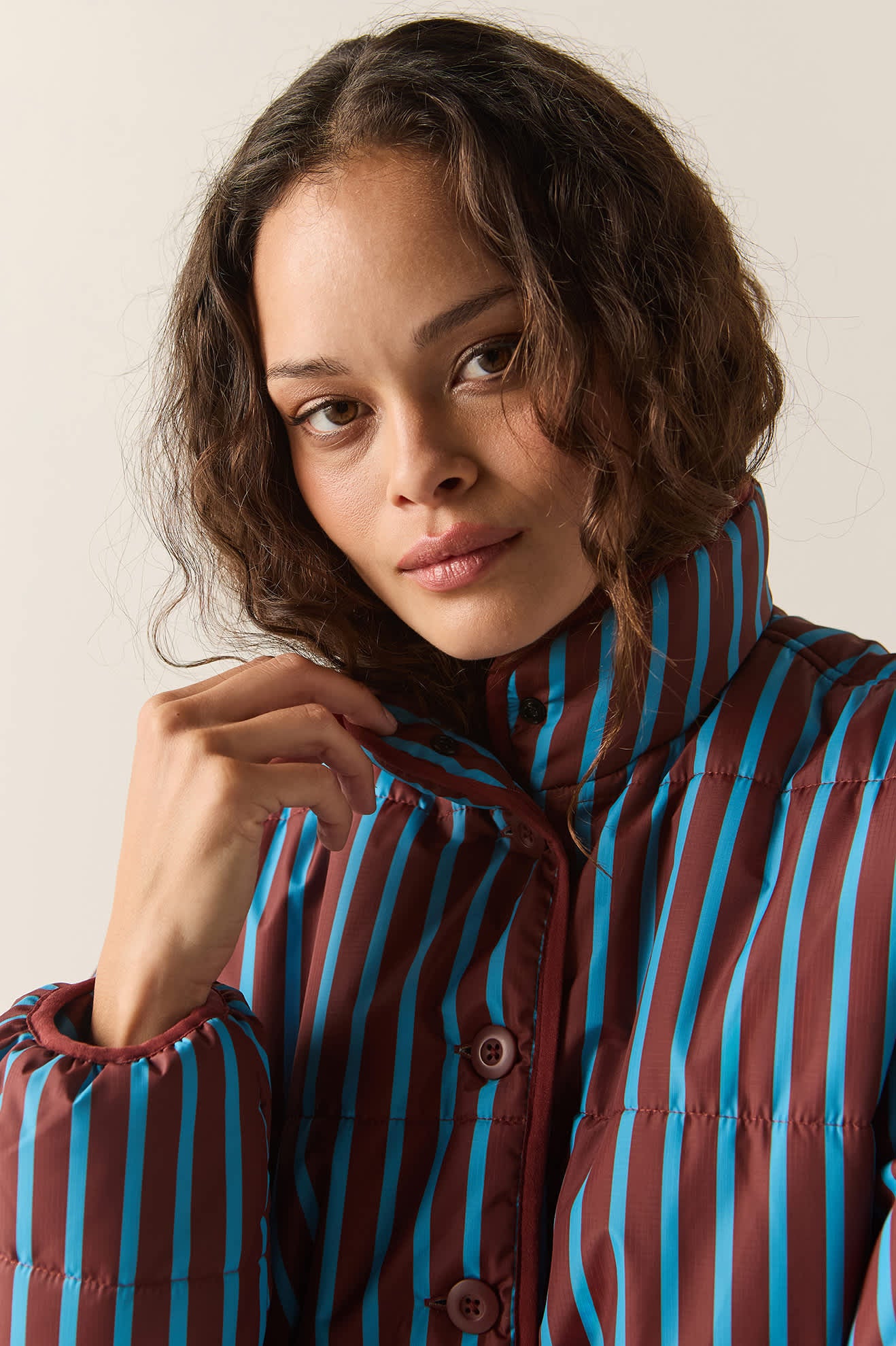 Women's Delilah Mock Neck Jacket in the color Dark Brick/Electric Indigo Stripe - Additional Fit image