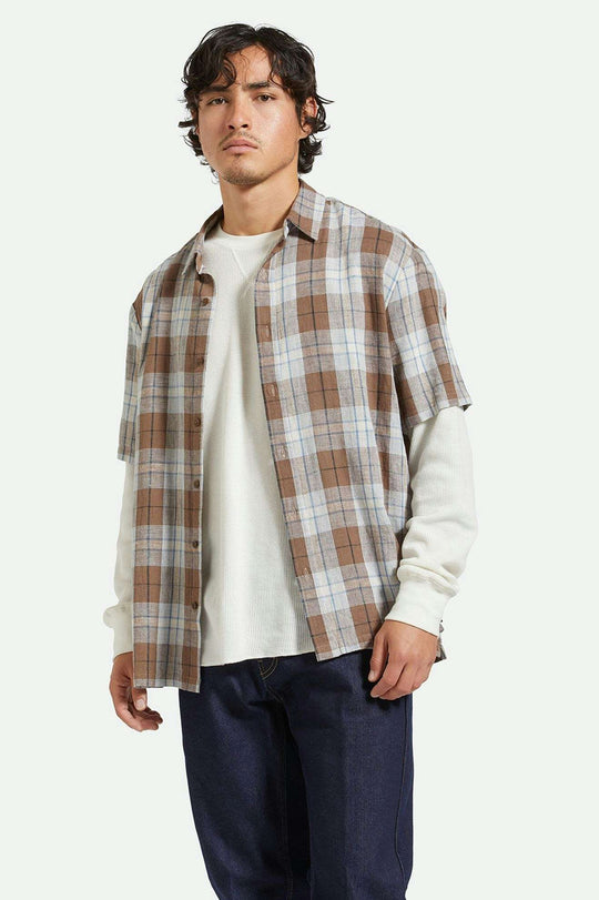 
       Men&#39;s Front Fit | Cru Linen Blend Relaxed S/S Woven Shirt - Pinecone Brown/Coronet Blue
     