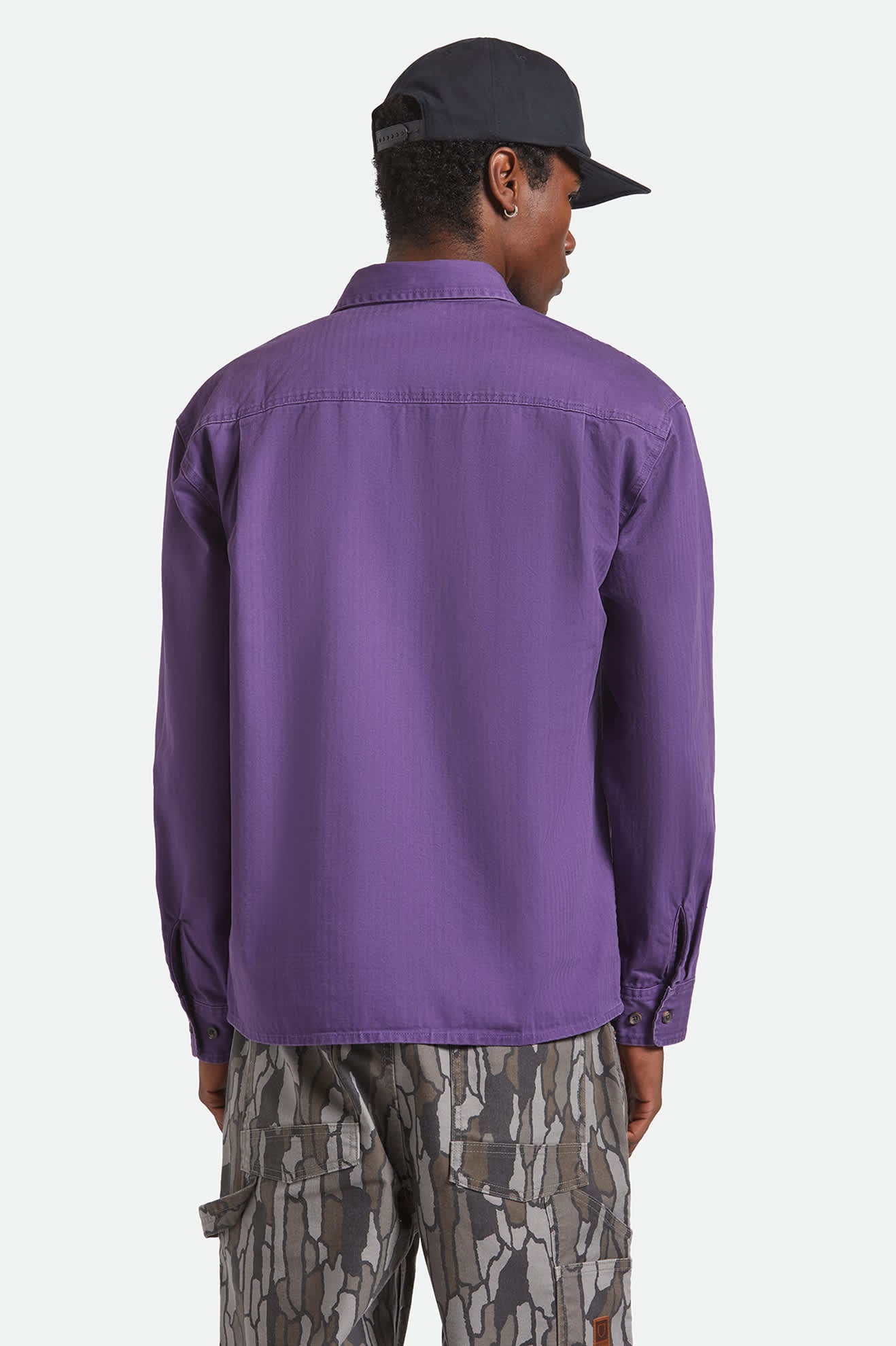 Men's Herringbone Relaxed L/S Overshirt in the color Punk Purple Herringbone - Men's Back View