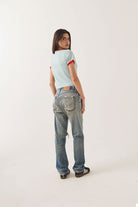 Women's Lucky In Love Baby T-Shirt in the color Sea Grass/Adrenaline Red - Women's Back View