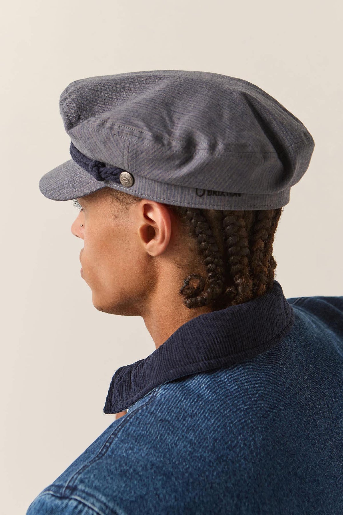 Unisex Fiddler Fisherman Cap in the color Indigo/Dark Sand - Men's Back View