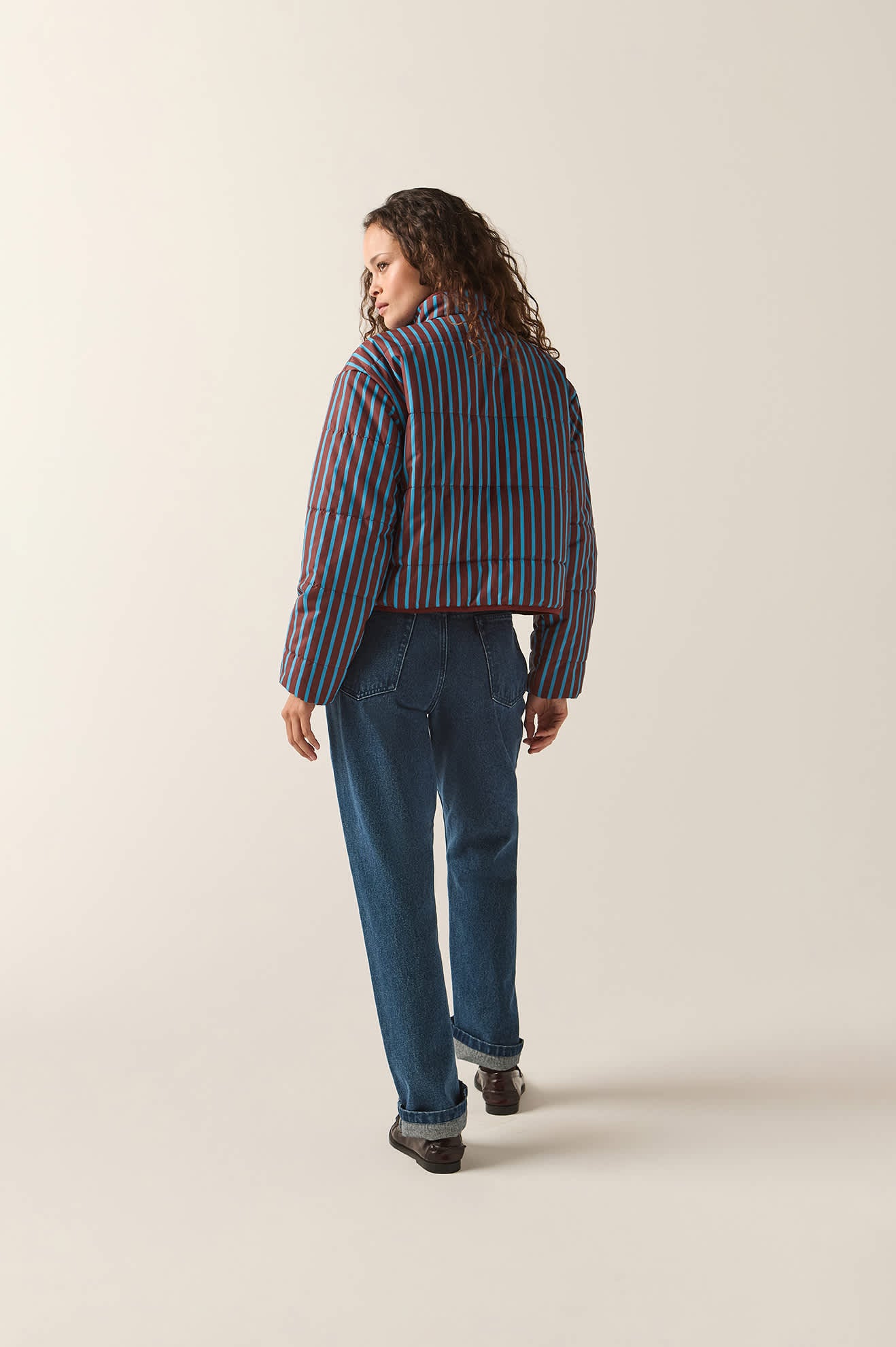 Women's Delilah Mock Neck Jacket in the color Dark Brick/Electric Indigo Stripe - Women's Side View