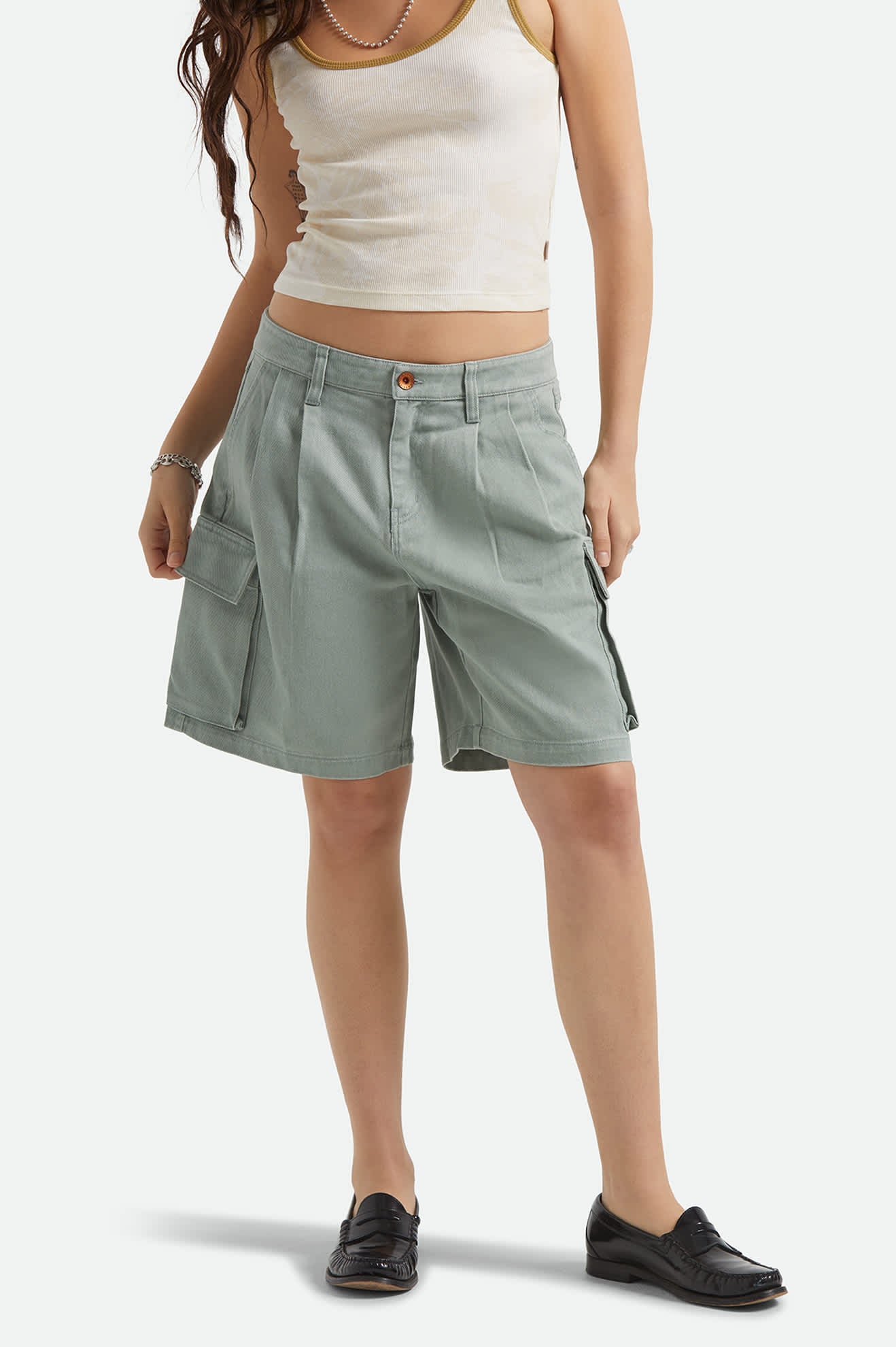Women's The Alba Baggy Carpenter Short in the color Washed Sage Green - Women's Front View