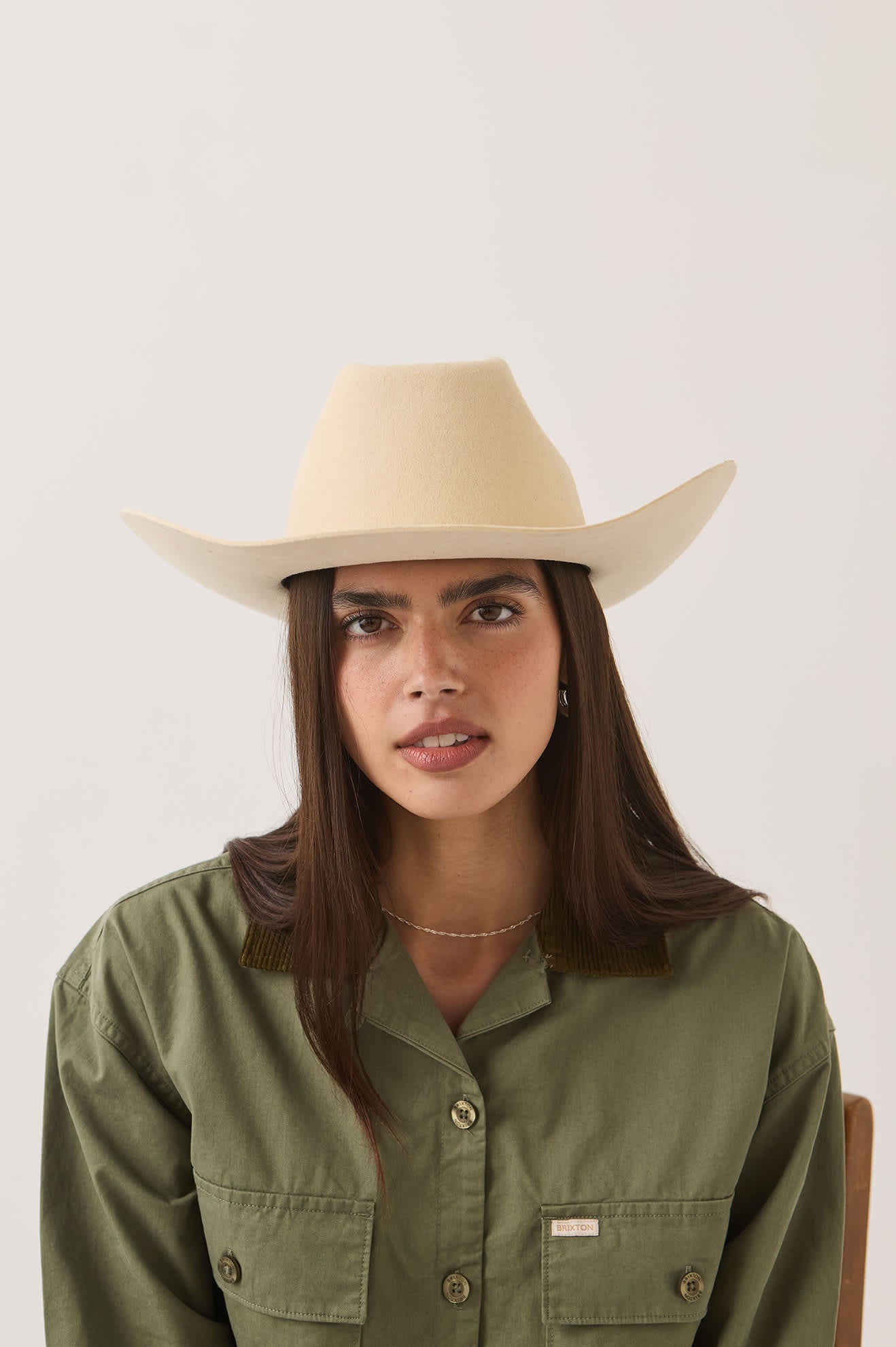 Unisex Prescott Brick Top Cowboy Hat in the color Wax Paper - Women's Front View