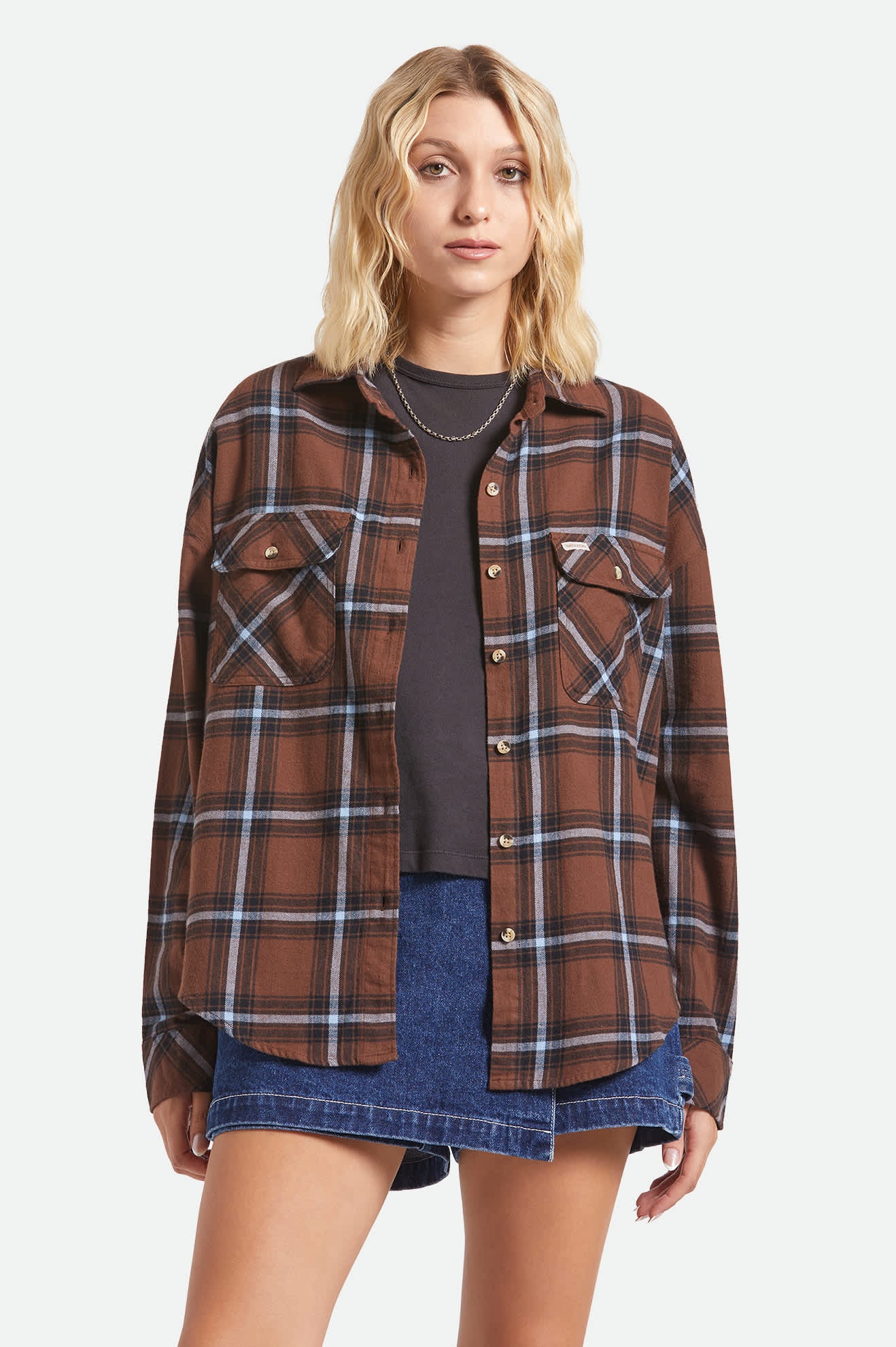Women's Bowery Vintage Overshirt in the color Pinecone Brown/Black/Borrowed Blue - Women's Front View
