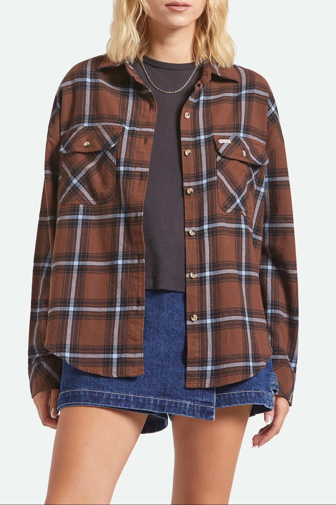 Women's Bowery Vintage Overshirt in the color Pinecone Brown/Black/Borrowed Blue - Women's Front View