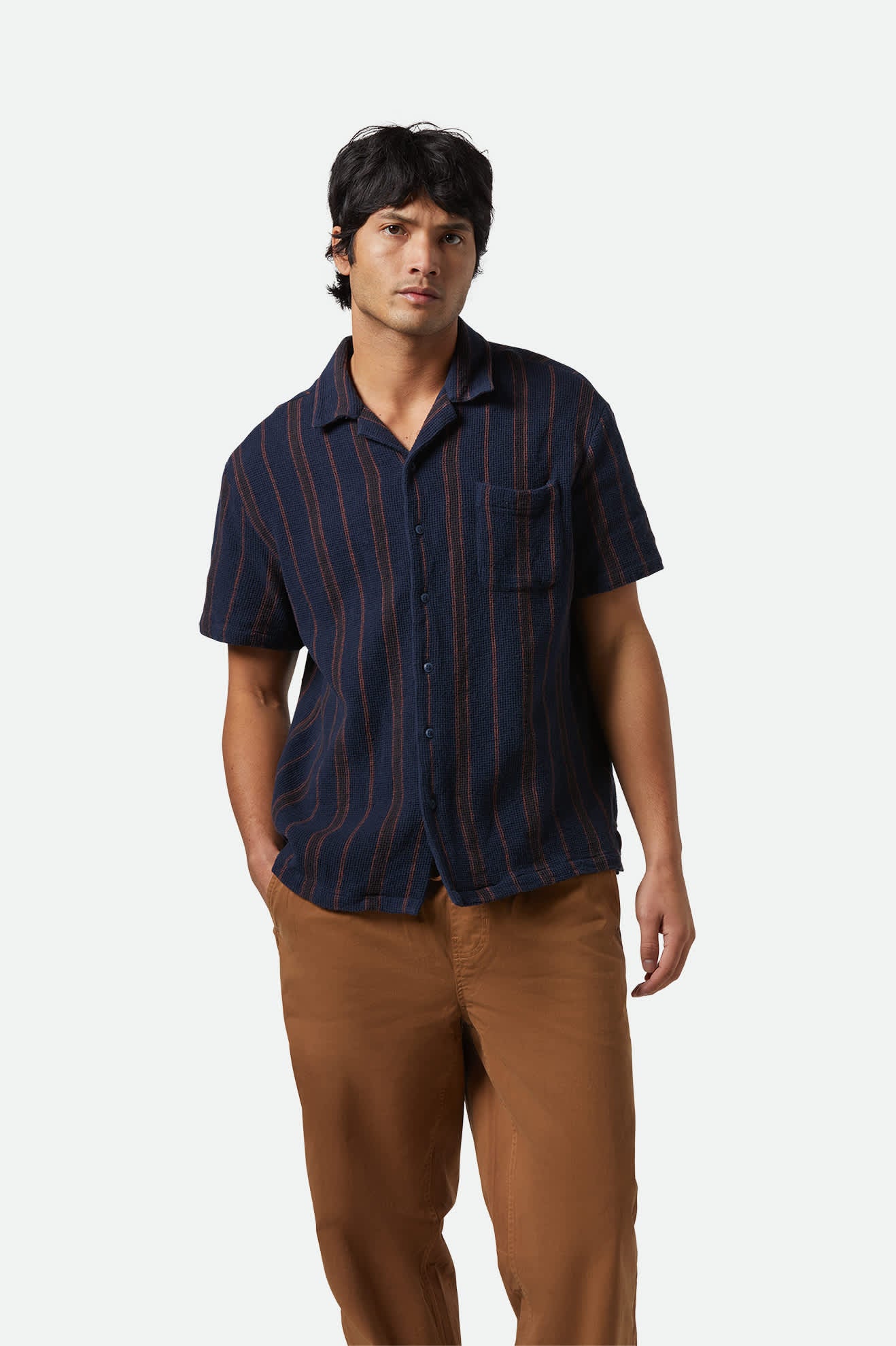 
       Men&#39;s Bunker Waffle Stripe S/S Camp Collar Shirt in the color Washed Navy Stripe - Men&#39;s Front View
     