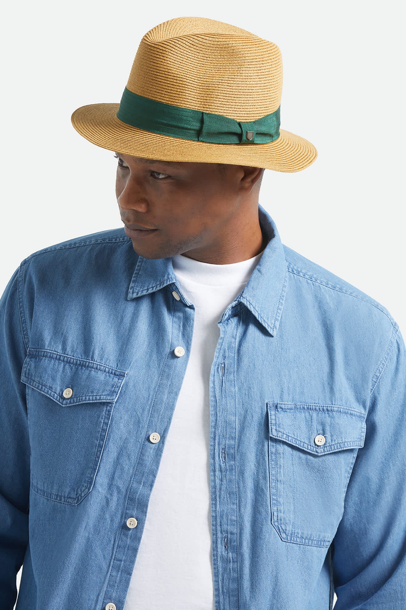 Unisex Roma Straw Packable Fedora in the color Dark Tan/Primal Green - Men's Front View