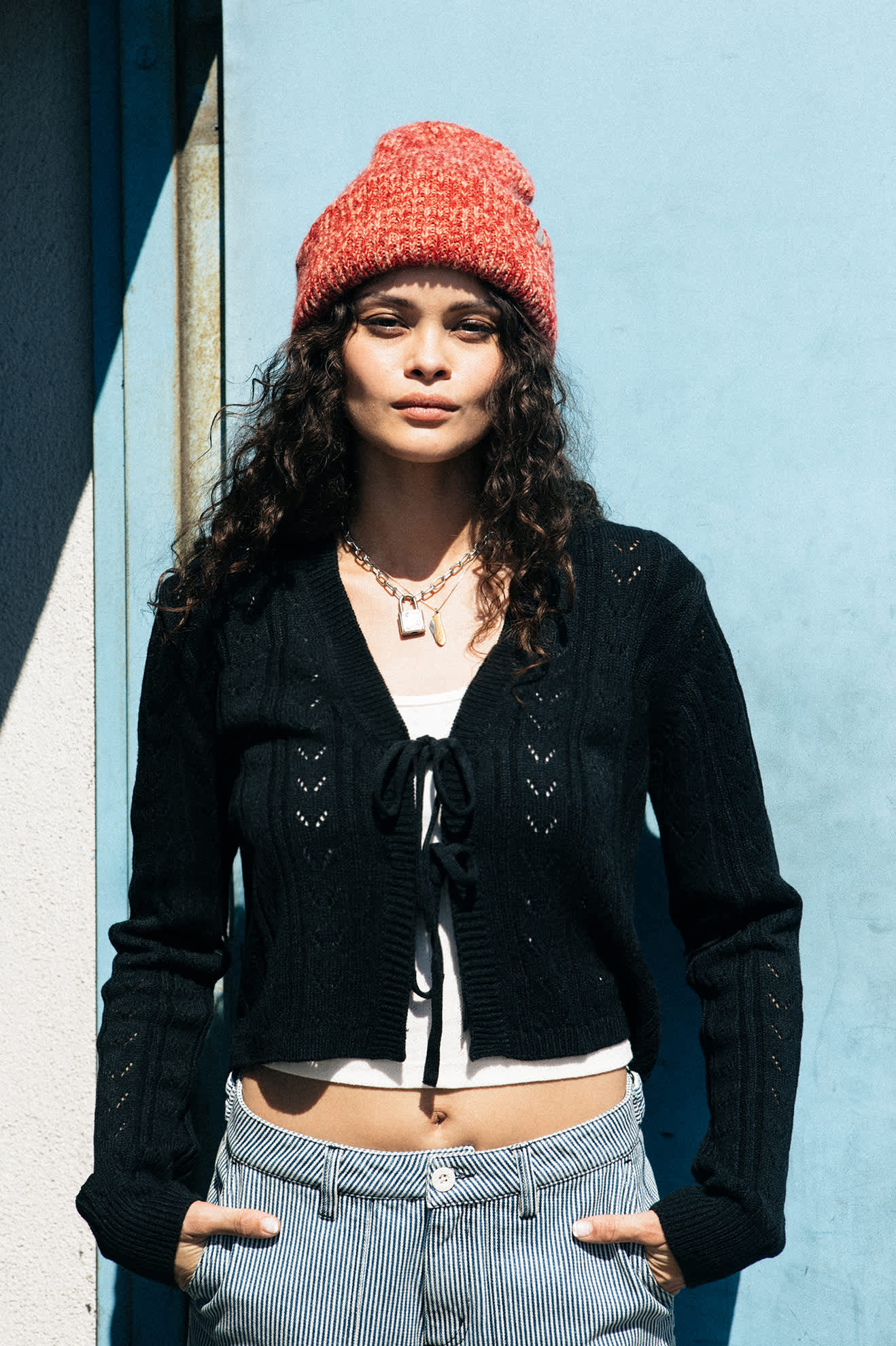 Women's Cropped Pointelle Tie Cardigan in the color Black - Men's Lifestyle image