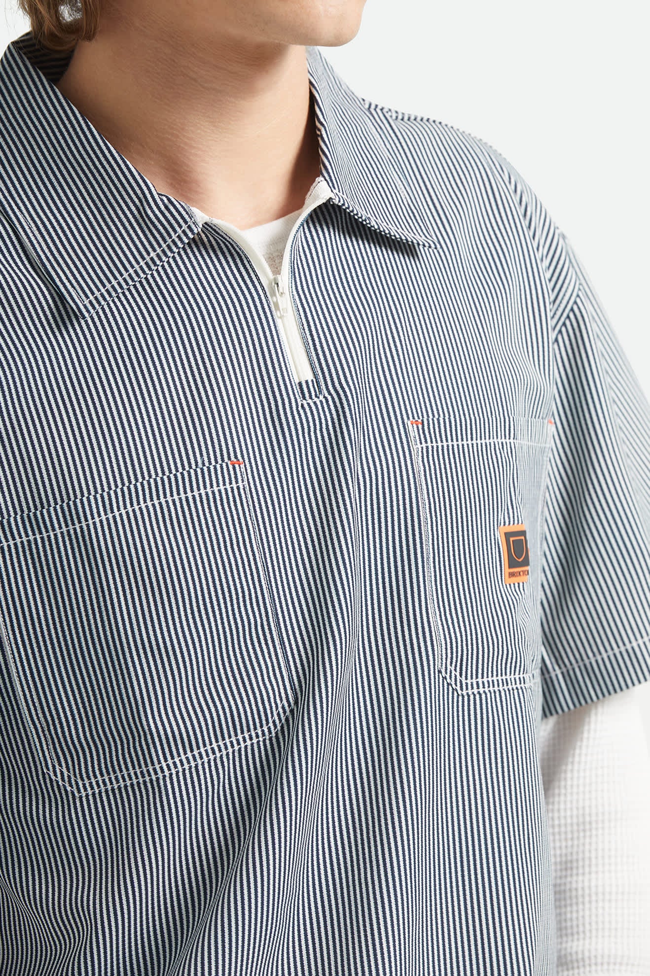 Men's Journey Lightweight 1/2 Zip Cropped Short Sleeve Shirt in the color Navy/White Stripe - Additional Fit image