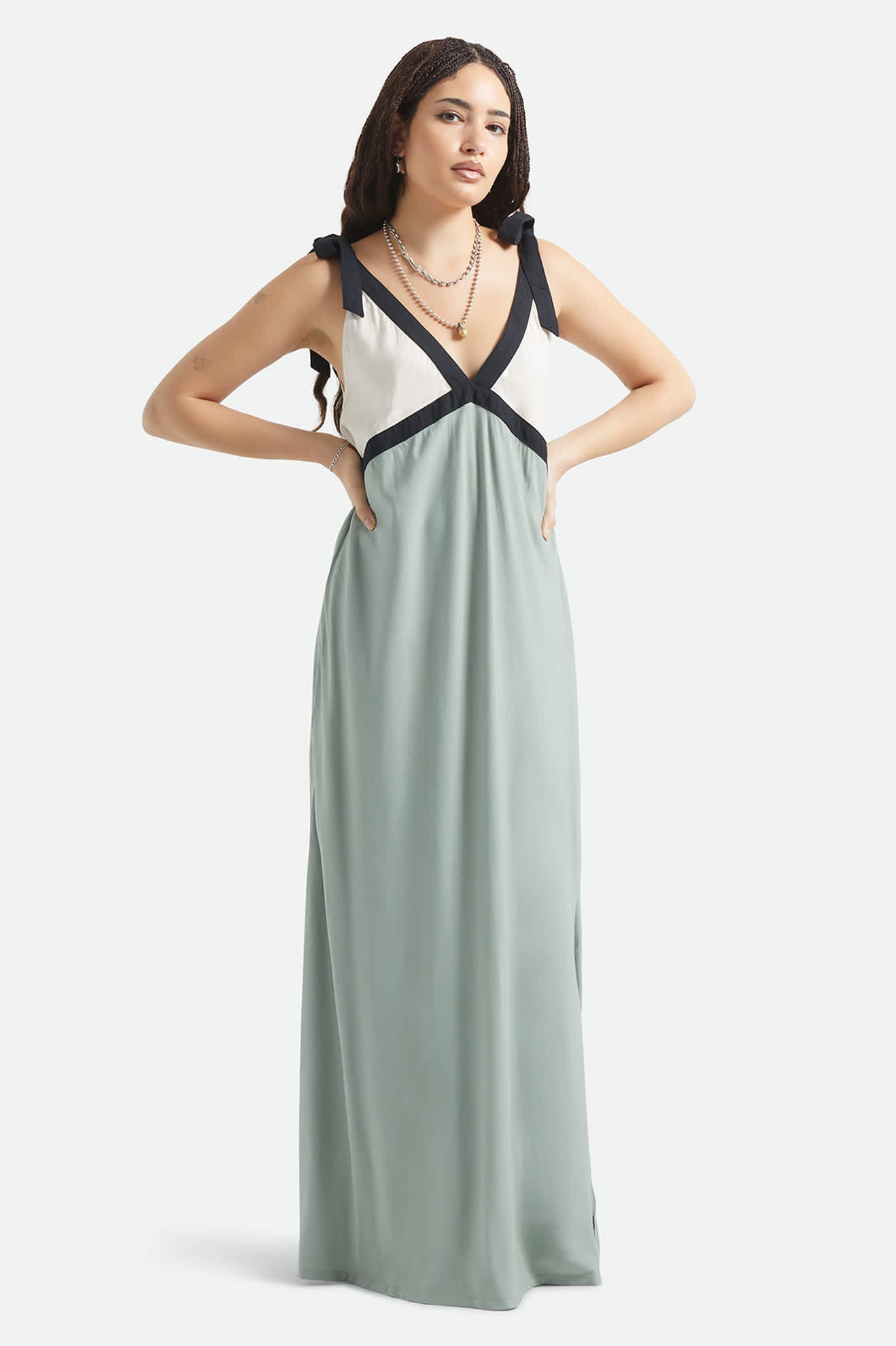 Women's Sunset Tie Slip Dress in the color Sage Green/Whitecap - Additional Fit image