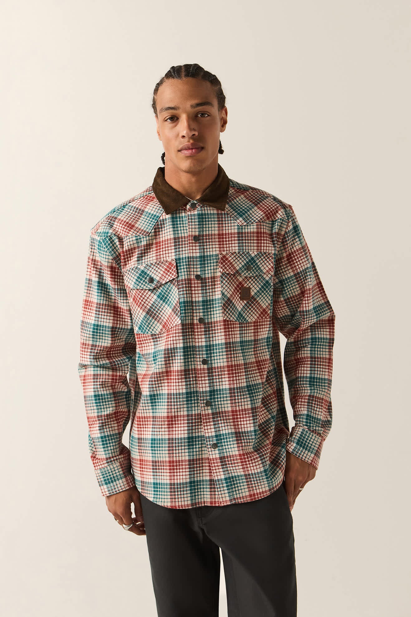 Men's Bowery Builders Ranch Performance Flannel in the color Ultra Marine/Dark Brick - Men's Front View