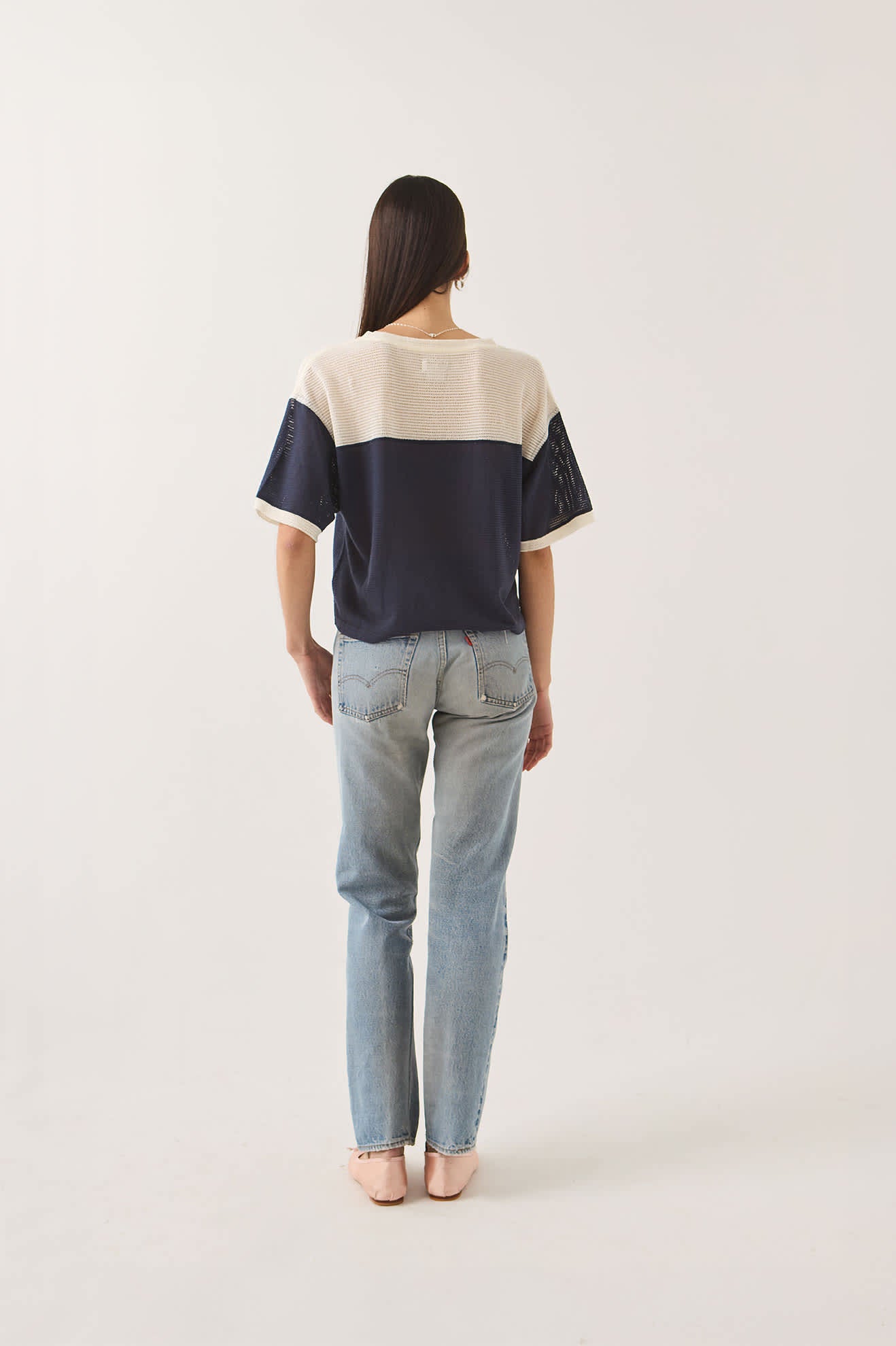 Women's Varsity Mesh T-Shirt in the color Off White/Washed Navy - Women's Back View