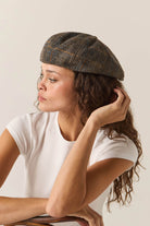 Unisex Brood Newsboy Cap in the color Slate Blue/Sepia/Orange - Women's Side View