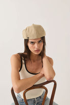 Unisex Hooligan Flat Cap in the color Khaki Stripe/Washed Black - Women's Front View