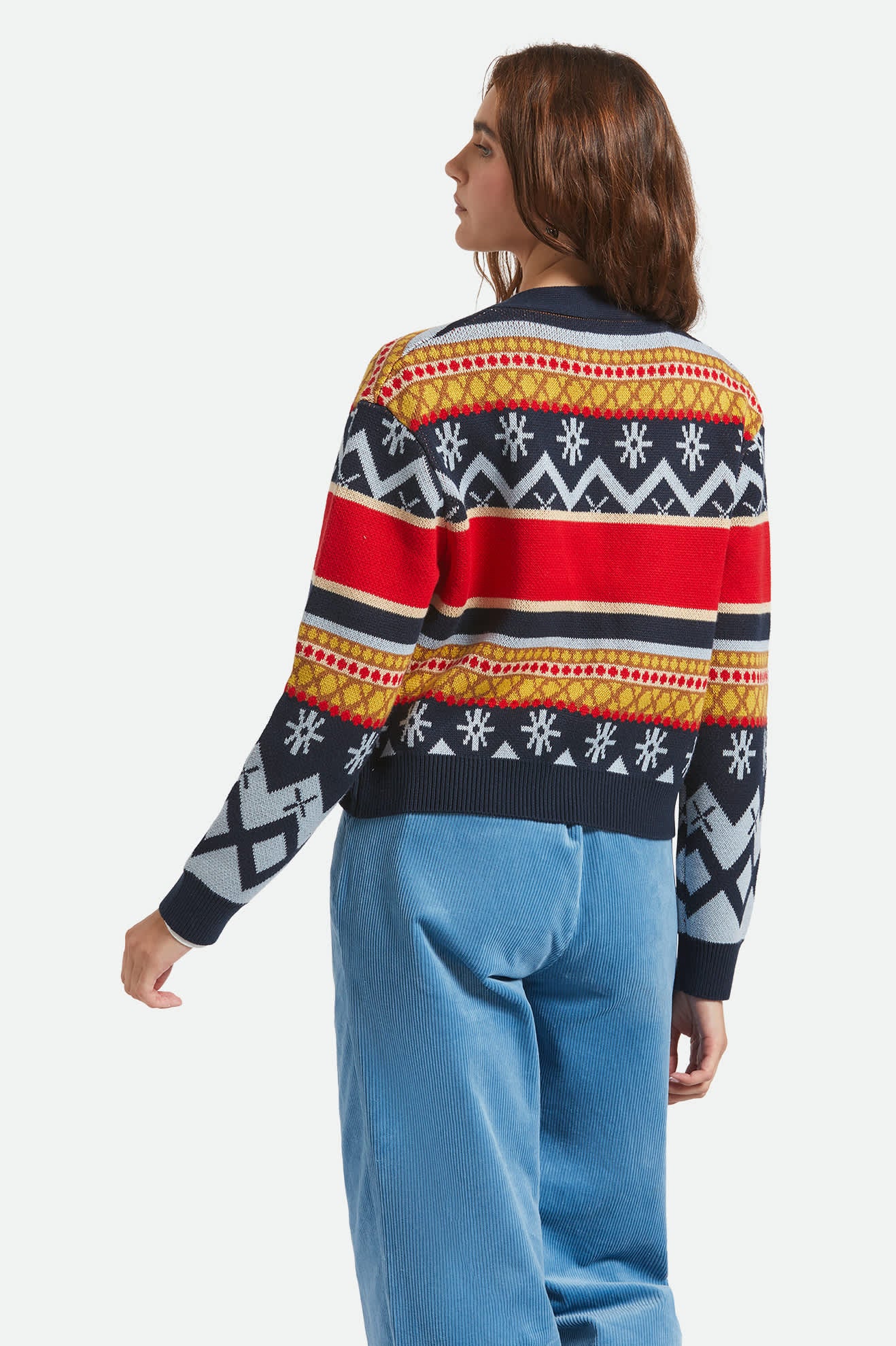 Women's Winter Racing Cardigan in the color Multi Racing Stripe - Women's Back View