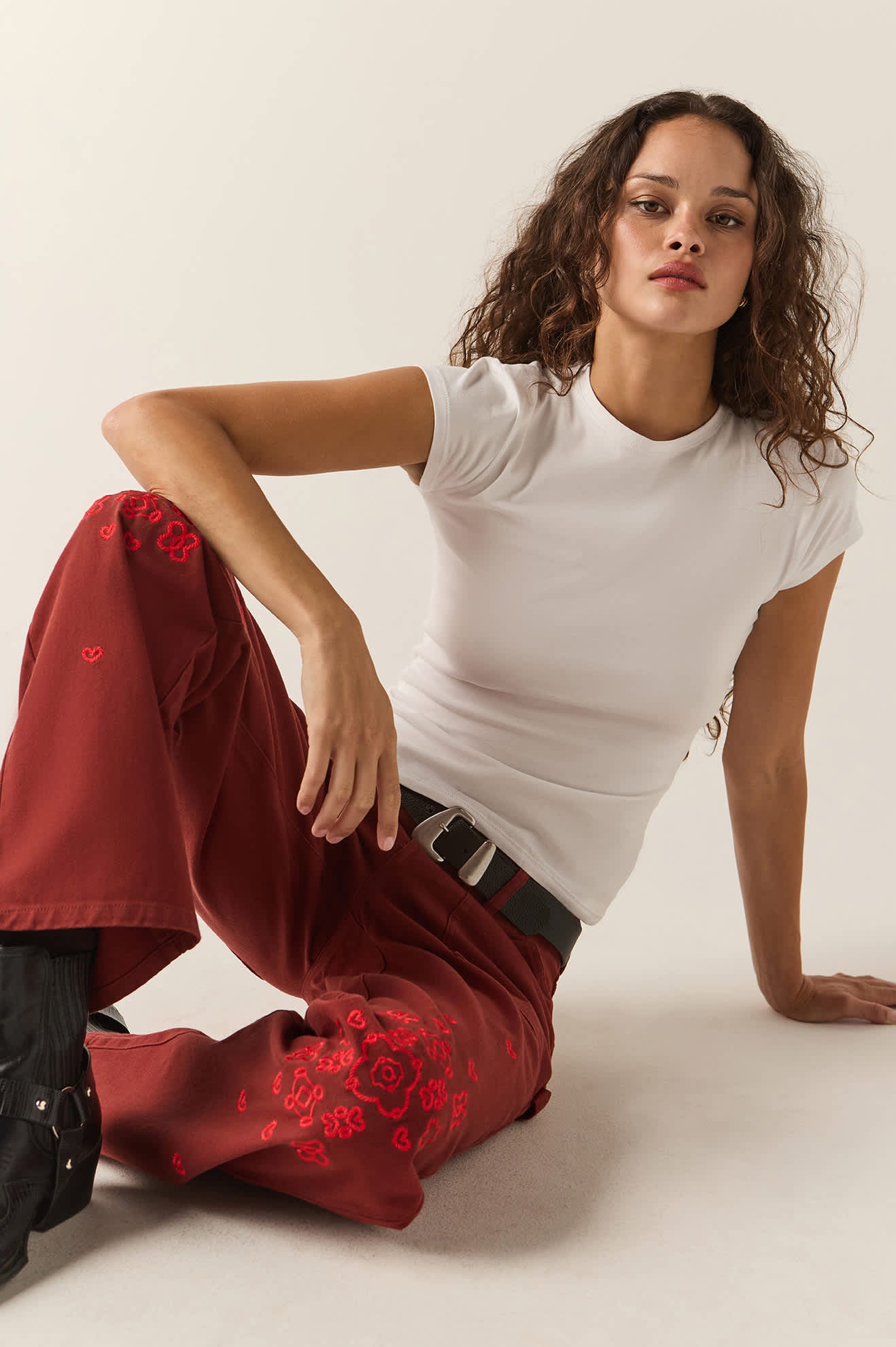 Women's Essex Embroidered Painter Pant in the color Dark Brick - Additional Fit image