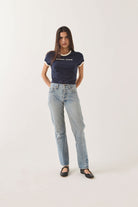 Women's Smoke Show Baby T-Shirt in the color Washed Navy/Whitecap - Women's Front View