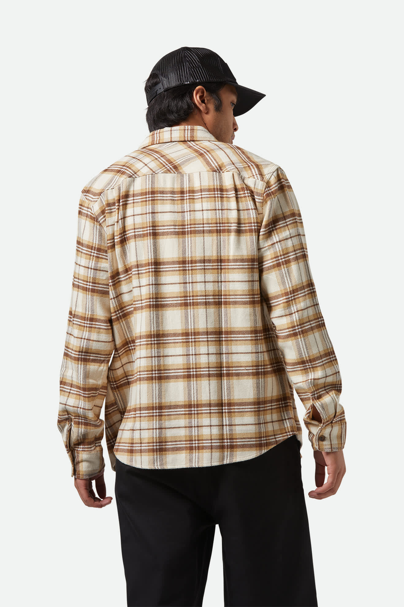 Men's Bowery L/S Flannel in the color Whitecap/Sand/Pinecone Brown - Men's Back View