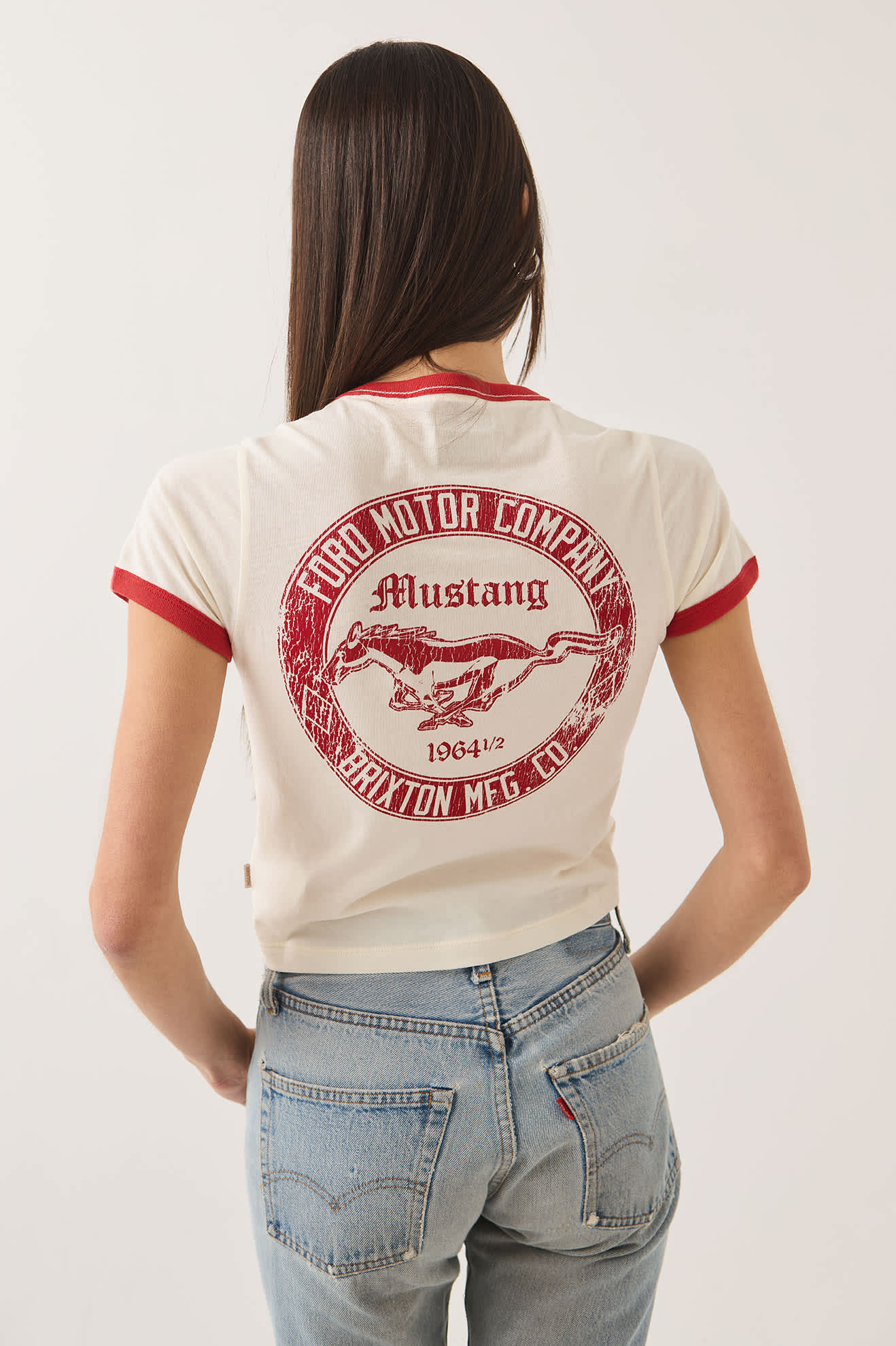 Women's Ford Mustang Baby Ringer T-Shirt in the color Wimbledon White - Additional Fit image